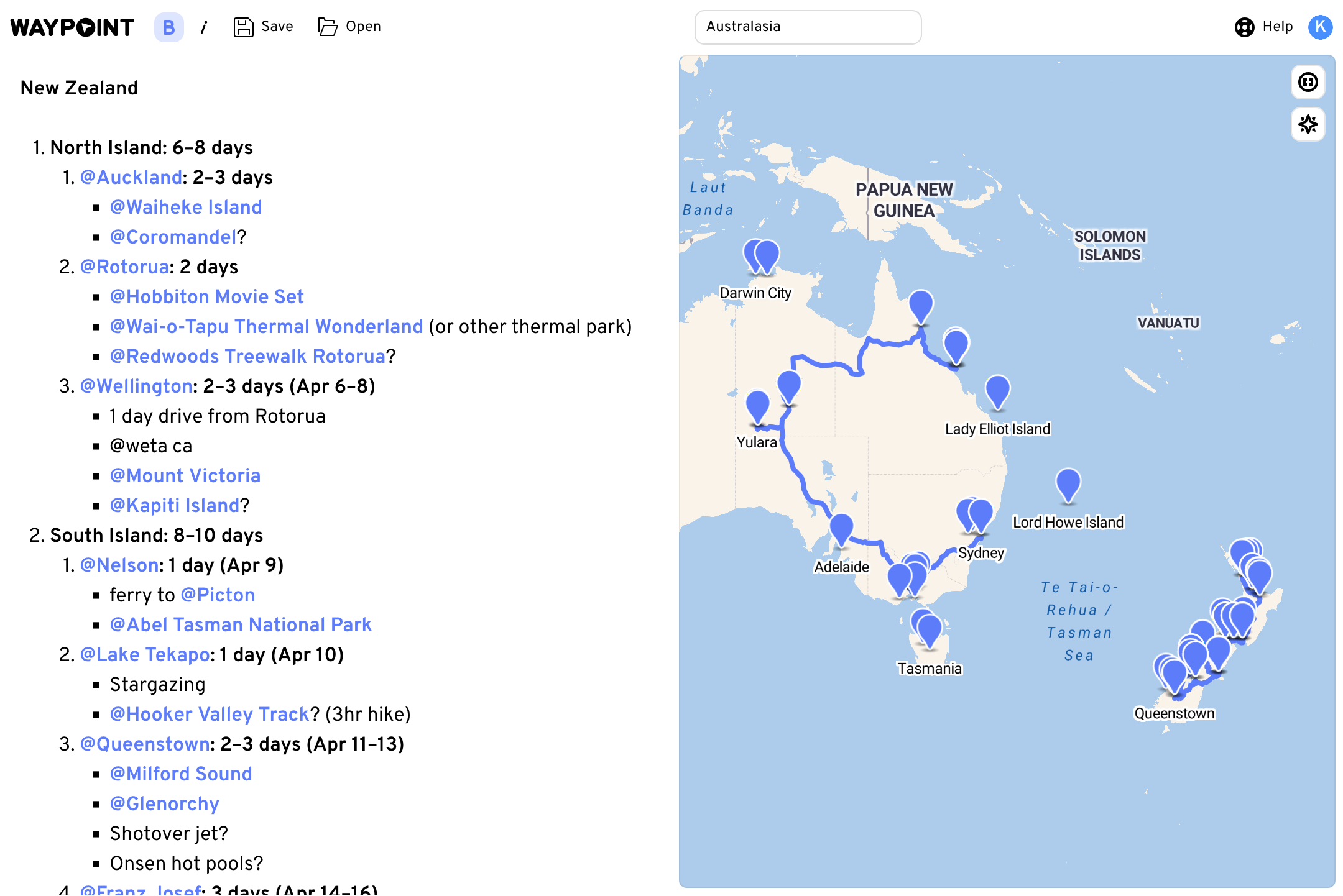 A screenshot of an app called Waypoint, with two panels side by side. On the left, an outline of a trip to New Zealand. On the right, a map of New Zealand and Australia with pins in various cities, and routes between them highlighted.